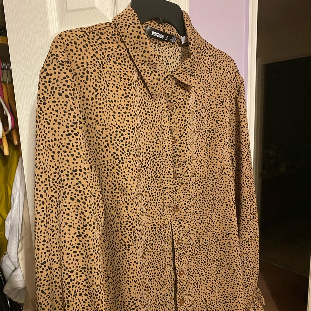 Missguided Stone Dalmatian Print Frill Cuff Sleeve Shirt Dress